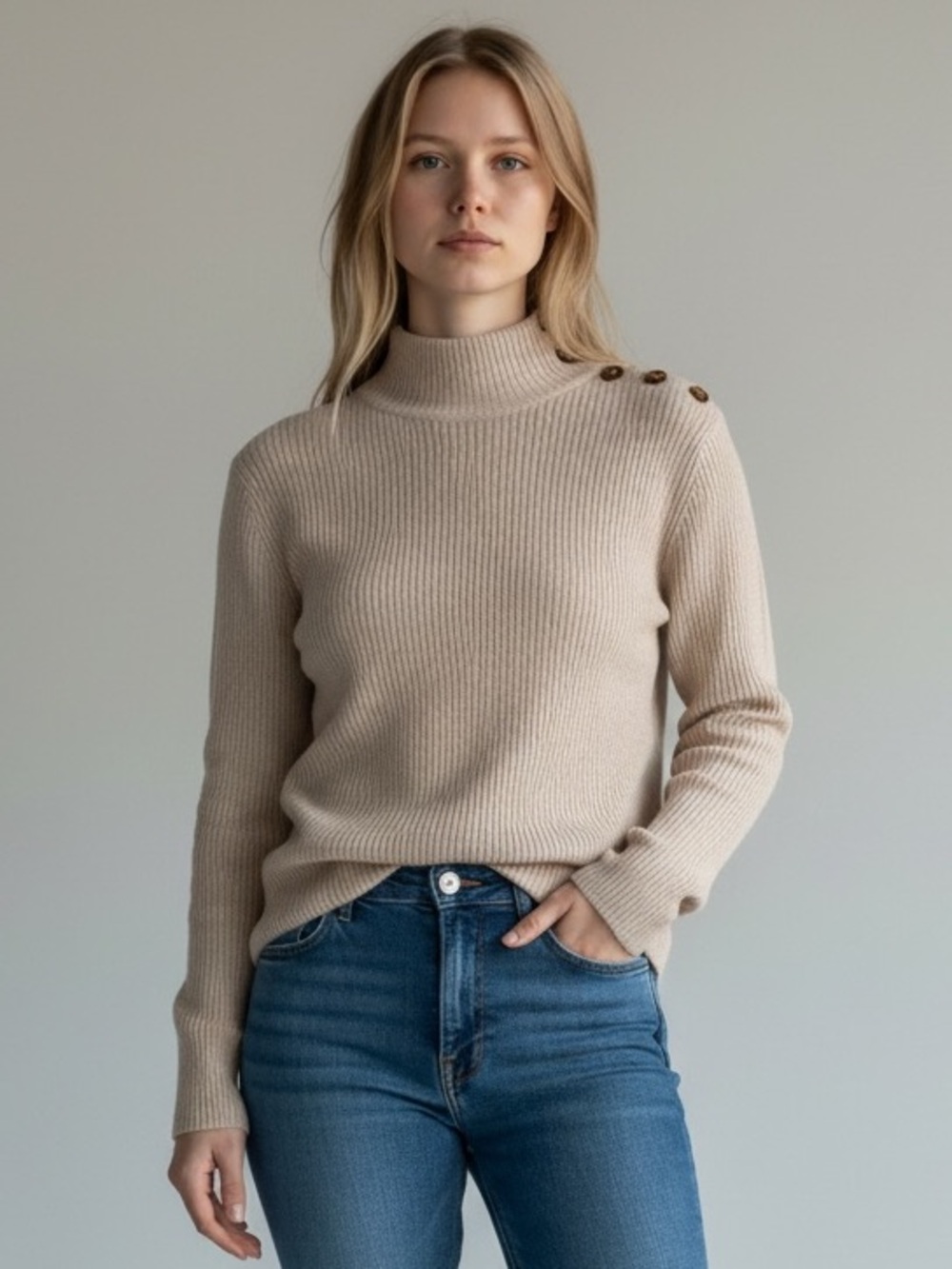 Polo by Ralph Lauren, Linen & Cashmere Cream Button-Shoulder Turtleneck Sweater